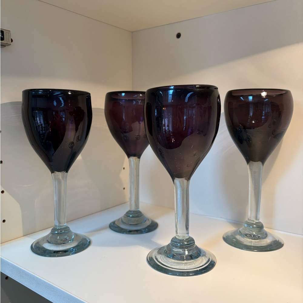 Vintage hand blown purple amethyst wine glasses. Set of 4. 3 sets available